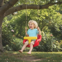 AIYAPLAY Balançoire pour enfants, balançoire bébé extérieure, dossier haut, barre de sécurité, hauteur ajustable, rouge et jaune(m-10)