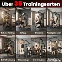 SPORTNOW Krachtstation fitnessstation met 65 kg gewichten, lat-trek, butterflystang, verstelbare preacherbank, beentrainer(m-4)