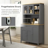 HOMCOM Armadio da Cucina Buffet Cucina 5 Ante di Cui 2 Vetrate e 1 Cassetto, 1 Nicchia Centrale, Altezza 180 cm, Grigio(m-7)