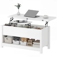 HOMCOM Mesa de Centro Elevatória e Extensível com Compartimentos Ocultos e Prateleira Aberta 100x90x64 cm Branco(m-11)