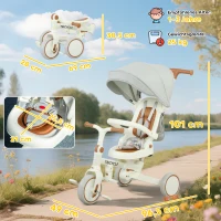 AIYAPLAY Kinder-Dreirad, wandelbarer Baby-Buggy, 5-in-1 Design, abnehmbarer Schiebegriff, verstellbar, Sicherheitsgurt, Aufbewahrungstasche, 1-3 Jahre, Cremeweiß(m-3)