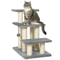 PawHut Hundetreppe 3 Stufen 54 cm Hoch Haustiertreppe für Kleine Hunde Katzentreppe mit Sisal Kratzbäumen, Spielball(m-11)