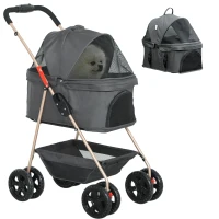PawHut PawH 3-in-1 Pet Stroller, Folding Four-Wheel Dog Pram with Detachable Carrier for Mini Dogs, Cats, Grey(m-10)