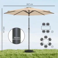 Outsunny 2.7 m Garden Parasol Umbrella with Cross Base and Sandbag, Retractable Ribs, Outdoor Table Market Umbrella, Khaki(m-3)