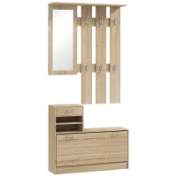 HOMCOM Perchero 3 en 1 con Zapatero y Espejo, Ganchos y Cajones, en Madera, 90x10x91 cm, color Roble(m-1)