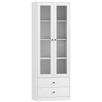 HOMCOM Aparador de Cocina con Armario y 2 Cajones, Puertas de Vidrio y Estantes Regulables, 59x30x164 cm, Blanco