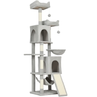 PawHut Árbol Rascador para Gatos con 2 Casitas, 2 Camas, Trespolo y 2 Pelotas, 48x40x177 cm, Gris Claro y Beige