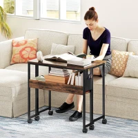 HOMCOM Mesa Dobrável com Rodízios 80x50 cm com Prateleira e Bolso de Armazenamento Castanho Rústico(m-2)