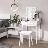 HOMCOM Tocador Mesa de Maquillaje con Taburete Espejo Abatible Arcón + 2 cajones MDF Madera maciza de pino Blanco(m-2)