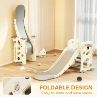 AIYAPLAY 3 in 1 Kids Slide with Climber, Basketball Hoop and Ball, Foldable Indoor Toddler Slide for Ages 2-5, Cream White(m-4)