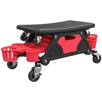 HOMCOM Rolling Mechanic Stool, 135kg Capacity Workshop Stool with 360° Swivel Wheels, Roller Creeper Seat with Slide Out Tool Trays, Drawer, Bottle Holders for Garage, Shop, Auto Repair, Red(m-1)