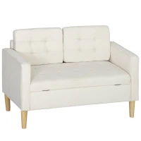 HOMCOM Zweisitzer-Sofa mit Stauraum, Knopfheftung, Kissen, Kautschukbaumholz, 117x62x78cm, Cremeweiß(m-10)