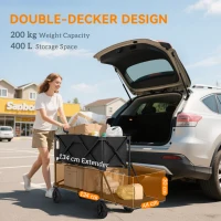 Outsunny Double Decker Folding Festival Trolley on Wheels, 200KG & 350L Capacity Collapsible Wagon Festival Trolley Cart with 134cm Extended for Camping Sports Shopping Garden and Beach, Black(m-4)