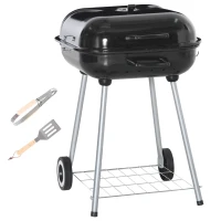 Outsunny Portable BBQ Charcoal Grill with 2 Wheels and Cooking Utensils, Smoker Grill with Lid for Outdoor Barbecues, Camping, Picnic, Courtyard(m-1)