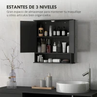 kleankin Armario de Baño con Espejo Armario de Pared con 2 Puertas Estante Abierto Estante Ajustable 56x13x58cm Negro(m-4)