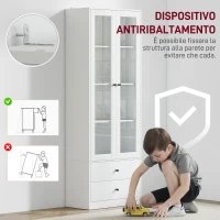 HOMCOM Aparador de Cocina con Armario y 2 Cajones, Puertas de Vidrio y Estantes Regulables, 59x30x164 cm, Blanco(m-4)