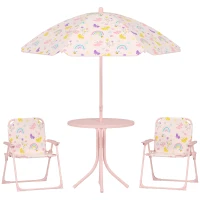 AIYAPLAY 4-Piece Kids Garden Table and Chair Set with Adjustable Parasol, Folding Chairs, Table, Rainbow Pattern, Pink(m-1)