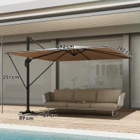 Outsunny Parasol déporté 2,9x2,9 m en aluminium avec manivelle inclinaison réglable rotation 360° base croisée et housse kaki(m-3)