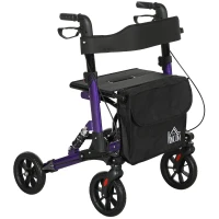 HOMCOM Folding Rollator Walker with Seat, Backrest, Lightweight Walking Frame with Storage Bag, Dual Brakes, Adjustable Handle Height, Suspension System, 4 Wheeled Walker for Seniors, Purple(m-1)