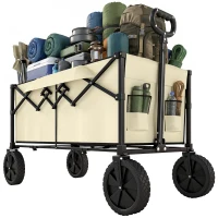Outsunny 95L Foldable Festival Trolley on Wheels, Collapsible Wagon Cart with Adjustable Handle and 2 Cup Holders, Khaki(m-10)