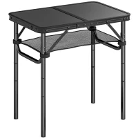 Outsunny 2ft Folding Camping Table, Picnic Table with Mesh Storage Layer, 4 Adjustable Heights and Carrying Handle, Black(m-1)