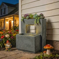 Outsunny Fântână arteziană în 2 trepte, fântână de grădină cu iluminare LED, ghiveci pentru plante, pompă, aspect piatră, reglabil 45 x 31,5 x 58,5 cm(m-2)