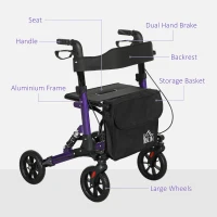 HOMCOM Folding Rollator Walker with Seat, Backrest, Lightweight Walking Frame with Storage Bag, Dual Brakes, Adjustable Handle Height, Suspension System, 4 Wheeled Walker for Seniors, Purple(m-8)