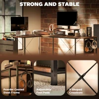 HOMCOM 168cm Reversible L Shaped Desk, Industrial Corner Computer Desk with Adjustable Shelf and Storage Bag, 240cm 2 Person PC Table with Monitor Stand, Rustic Brown(m-7)