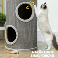 PawHut Kratztonne, 60 cm Hoch Ø 35 cm zweistöckige Katzentonne mit 2 Höhle, Plüschrand, für 1-2 Katzen bis 5 kg, Hellgrau(m-5)