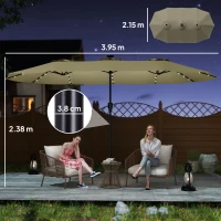Outsunny Umbrelă dublă de grădină 4x2 m cu 36 de lumini LED UPF50+ Manivelă 12 tije Rezistentă la apă Bej(m-3)