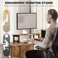 HOMCOM 168cm Reversible L Shaped Desk, Industrial Corner Computer Desk with Adjustable Shelf and Storage Bag, 240cm 2 Person PC Table with Monitor Stand, Rustic Brown(m-6)