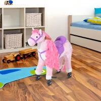 HOMCOM Caballo mecedor para niños 2+ años con 4 ruedas, sonidos realistas y reposapiés, 65x28x75 cm, Rosa(m-2)