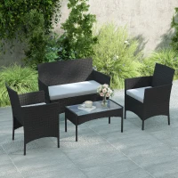 Outsunny 4 Piece Rattan Garden Furniture Sofa Set with Loveseat, Armchairs, Glass-Top Coffee Table and Cushions, Black(m-8)
