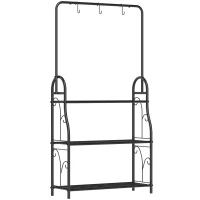 Outsunny 3 Tier Plant Stand with Hanging Rod and Hooks, Metal Plant Rack Shelf, Ladder Flower Pot for Indoor Outdoor Porch Balcony Living Room Bedroom, Black(m-1)