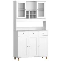 HOMCOM Armario de cocina de 180 cm, 2 puertas de cristal, 3 cajones, 4 estantes ajustables, armario de comedor, tablero de partículas, Blanco(m-1)
