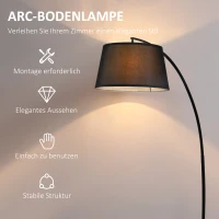 HOMCOM Stehlampe, Gebogene Stehleuchte mit Stoffschirm, Bodenlampe mit runder Basis, Metall, 105L x 47B x 190H cm, Schwarz(m-4)