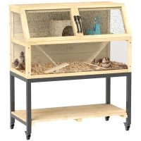 PawHut Wooden Hamster Cage with Storage Shelf, Wheels, Ramps, Water Bottle, Hut, Seesaws(m-10)
