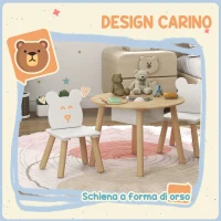 AIYAPLAY Set con Tavolo e 2 Sedie per Bambini con Schienale a Orsetto, Tavolino con Vano Contenitore, Bianco e Legno(m-4)