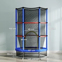 HOMCOM Trampolín elástico para niños 3-6 años con red de protección, 6 columnas y 3 entradas, Ø140x190 cm, azul y negro(m-3)