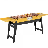 Outsunny Portable BBQ Grill, Foldable Charcoal Grill for Camping and Picnics with 2 Side Shelves and Handle, Yellow(m-10)