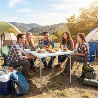 Outsunny Mesa Dobrável em HDPE Mesa de Campismo Dobrável Quadrada 86x86x74 cm com Alça Altura Ajustável Branco(m-2)