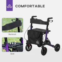 HOMCOM Folding Rollator Walker with Seat, Backrest, Lightweight Walking Frame with Storage Bag, Dual Brakes, Adjustable Handle Height, Suspension System, 4 Wheeled Walker for Seniors, Purple(m-4)