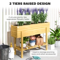 Outsunny Wooden Raised Garden Bed, Elevated Planter Box with Bed Liner, Drainage Holes and Storage Shelf, Raised Planter for Vegetables, Flowers, Herbs, 100 x 30 x 71 cm, Natural Wood Finish(m-4)