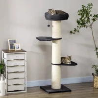 PawHut Arbre à chat griffoir sisal naturel 2 plateformes panier observation jeu boule suspendue peluche grise(m-10)