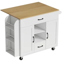 HOMCOM Isla de cocina con ruedas, encimera abatible, puertas de armario con cierre suave, cajones, toallero, MDF, Blanco(m-1)