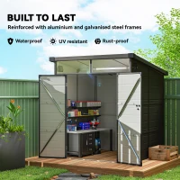 Outsunny 6 x 6ft Outdoor Storage Shed, Plastic Garden Shed with Windows and Air Vents, Outdoor Resin Tool Shed with Latch Doors for Garden, Deck, Dark Grey(m-5)