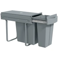 HOMCOM Ausziehbarer Mülleimer, Küchenmüllbehälter mit 2 herausnehmbaren Eimern, Griff, 30 Liter (20 L+10 L), Metall, Grau(m-11)