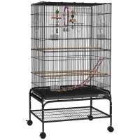 PawHut Jaula para Pájaros con Zona de Juegos, Ruedas, Bandeja Extraíble y Estante, 64x45x110 cm, Negro