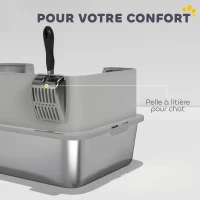 PawHut Bac à litière XL en acier inoxydable, maison de toilette pour grand chat, nettoyage facile 60,2 x 40,2 x 29,5 cm, gris(m-8)