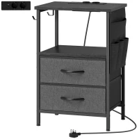 HOMCOM Couchtisch Beistelltisch mit Ladestation, Stahlrahmen, USB-C-Anschlüssen, Schubladen, Haken, 40cm x 30cm x 60cm Schwarz(m-1)